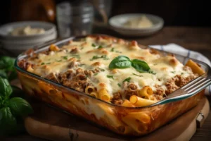 Cheesy baked ziti with ground Italian sausage 