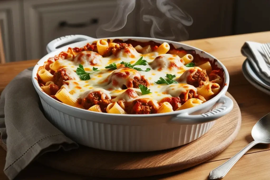 Freshly baked ground sausage pasta bake with golden melted cheese, garnished with parsley in a rustic ceramic dish