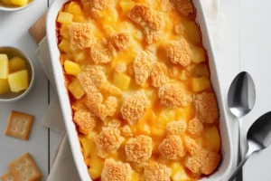 Golden pineapple casserole with a crispy topping served in a white baking dish on a rustic table