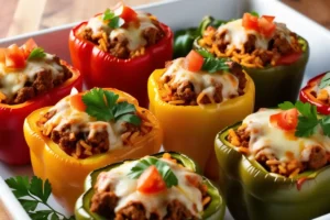 Colorful stuffed bell peppers filled with seasoned ground sausage, rice, and melted cheese, garnished with fresh parsley.