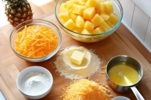 Ingredients for pineapple casserole, including fresh pineapple chunks, shredded cheddar cheese, crushed butter crackers, and melted butter on a wooden countertop