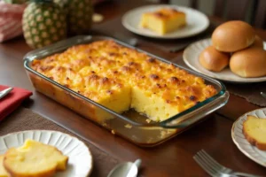 A slice of pineapple casserole with bread served on a white plate, garnished with fresh pineapple slices and parsley, alongside side dishes