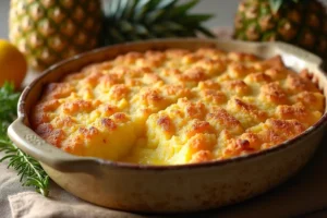 Pineapple casserole with bread served in a rustic baking dish, topped with golden breadcrumbs and cheese, surrounded by fresh pineapple chunks