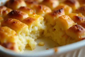 Step-by-step preparation of pineapple casserole with bread, showing cubed bread, pineapple chunks, shredded cheese, and melted butter.