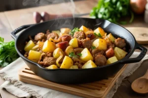 Hearty sausage and potato skillet with golden-brown diced potatoes, caramelized onions, and ground sausage in a cast-iron skillet