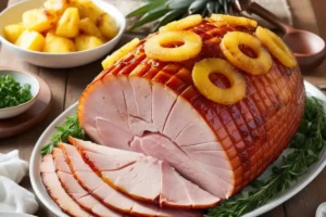 A pineapple-glazed ham centerpiece on a rustic table, topped with caramelized pineapple rings and surrounded by roasted vegetables and herbs.