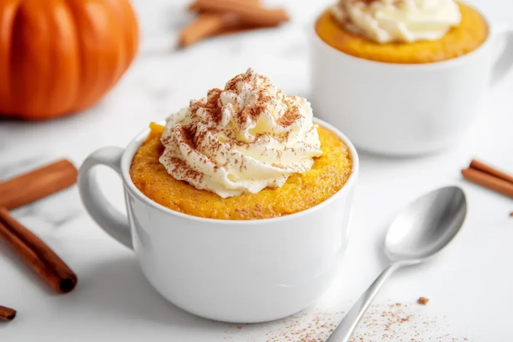 An assortment of egg-free pumpkin desserts, including a mug cake, pudding, and brownies, all topped with whipped cream and cinnamon on a wooden tray with fall decor