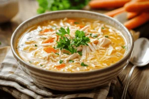 Bowl of homemade chicken noodle soup with shredded chicken, egg noodles, diced carrots, and parsley garnish