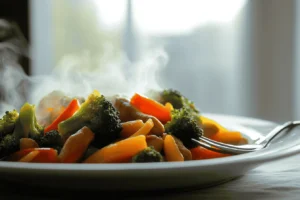 Close-up of a colorful chicken stir-fry with fresh vegetables, including broccoli, carrots, and bell peppers, on a white plate