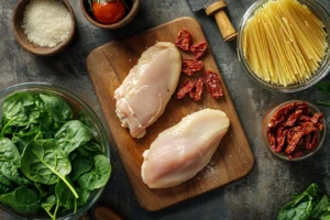 Ingredients for Marry Me Chicken Pasta with Spinach arranged on a kitchen countertop, including chicken, spinach, Parmesan, pasta, and sun-dried tomatoes