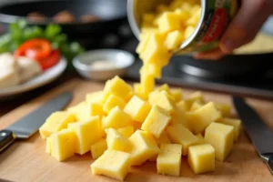 A cooking setup with diced fresh pineapple on a cutting board and canned pineapple chunks being poured into a bowl, surrounded by recipe ingredients.