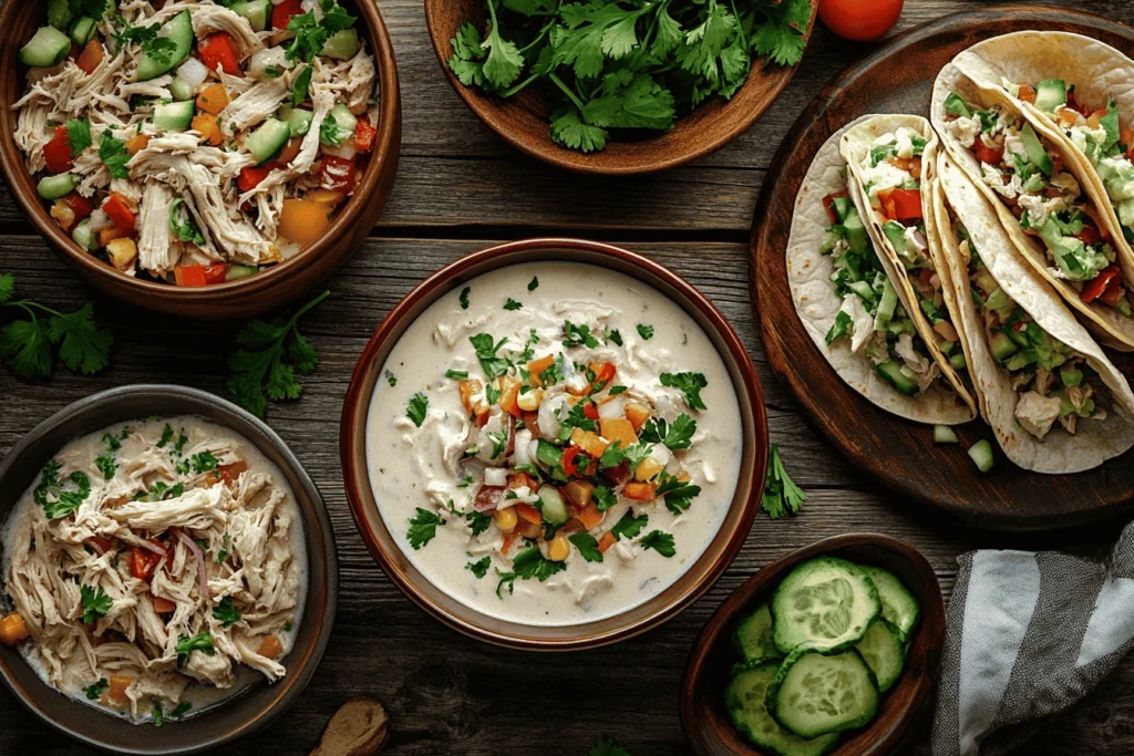 A variety of leftover rotisserie chicken recipes displayed on a rustic table, including chicken soup, salad, and tacos