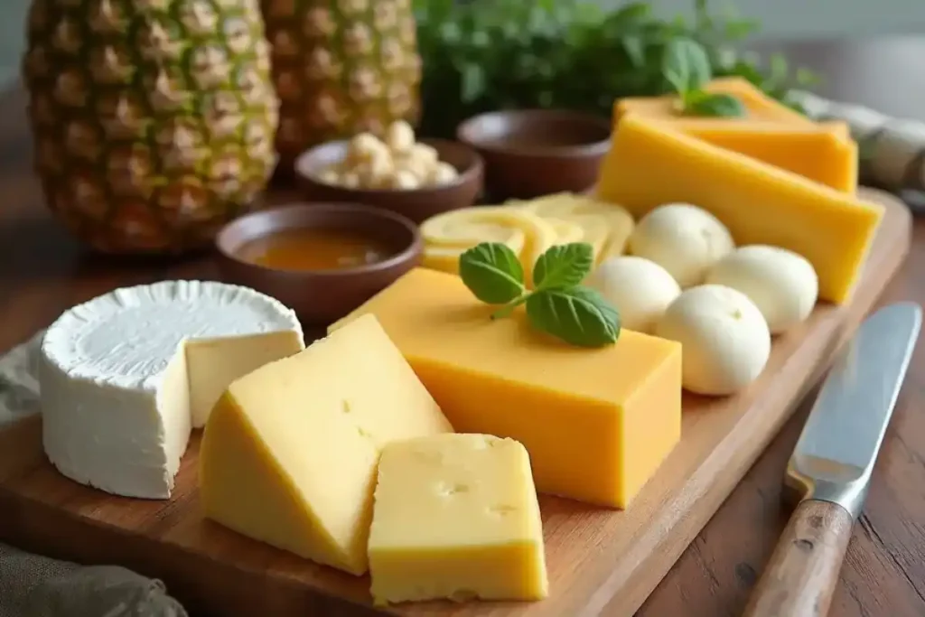 Wooden board displaying fresh pineapple slices and a selection of cheeses, including brie, cheddar, and gouda, styled for a food blog recipe