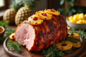 A pineapple-glazed ham centerpiece on a rustic table, topped with caramelized pineapple rings and surrounded by roasted vegetables and herbs