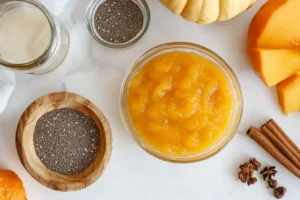 Fresh pumpkin preparation for egg-free pumpkin desserts, featuring a halved pumpkin, seeds spilling out, and a bowl of pumpkin puree on a kitchen countertop