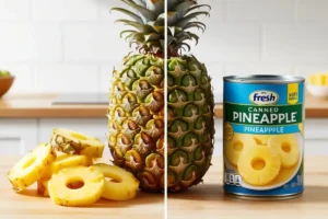 Side-by-side comparison of fresh pineapple and canned pineapple on a kitchen counter, showcasing differences in texture, color, and preparation.