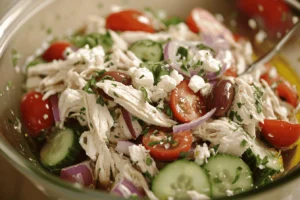 Greek chicken salad with shredded chicken, cucumbers, tomatoes, olives, onions, and feta cheese, drizzled with olive oil