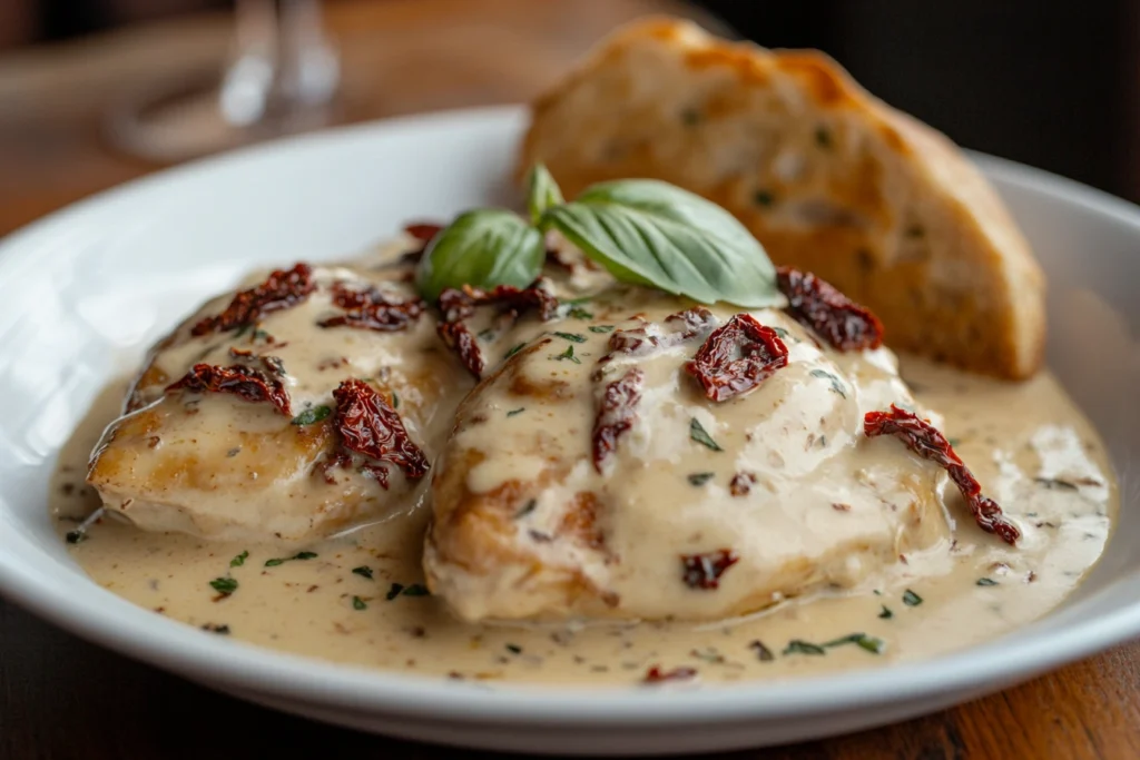 A plate of Marry Me Chicken with a rich, creamy sauce, garnished with sun-dried tomatoes and basil, on a rustic wooden table.