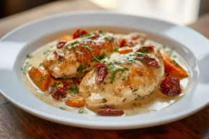 Flat lay of Marry Me Chicken ingredients including chicken breasts, parmesan cheese, garlic, sun-dried tomatoes, heavy cream, olive oil, and fresh herbs