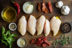 Chicken breasts cooking in a skillet with garlic and sun-dried tomatoes, creating the base for Marry Me Chicken