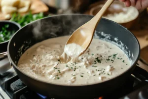 A saucepan of creamy sauce for Marry Me Chicken being stirred with a wooden spoon, with grated parmesan cheese being added.