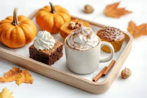 Microwavable pumpkin mug cake in a sleek white ceramic mug, topped with whipped cream and a sprinkle of cinnamon, placed on a marble countertop