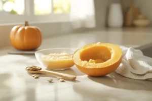 Flat-lay of ingredients for egg-free pumpkin desserts, including pumpkin puree, applesauce, chia seeds, cinnamon sticks, and brown sugar on a white countertop