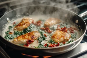 A skillet with creamy sauce, sun-dried tomatoes, spinach, and chicken simmering on a stovetop