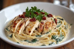 A close-up of creamy Marry Me Chicken Pasta with Spinach garnished with Parmesan and parsley on a white plate