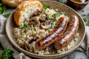 Wild mushroom rice pilaf garnished with thyme, served with grilled sausages on a rustic plate.