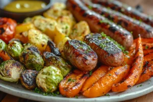 A platter of roasted carrots, Brussels sprouts, and bell peppers served with grilled sausages, garnished with fresh parsley