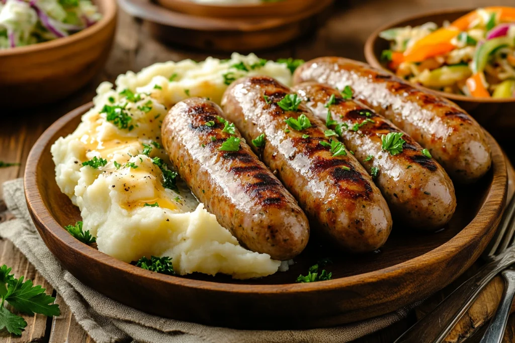 A dinner table featuring grilled sausages with caramelized peppers and onions, creamy mashed potatoes, and tangy coleslaw on rustic plates.