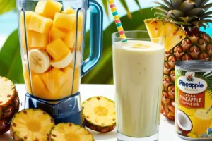 A tropical smoothie preparation with a blender containing pineapple chunks, banana, and coconut milk, alongside fresh and canned pineapple on a counter.