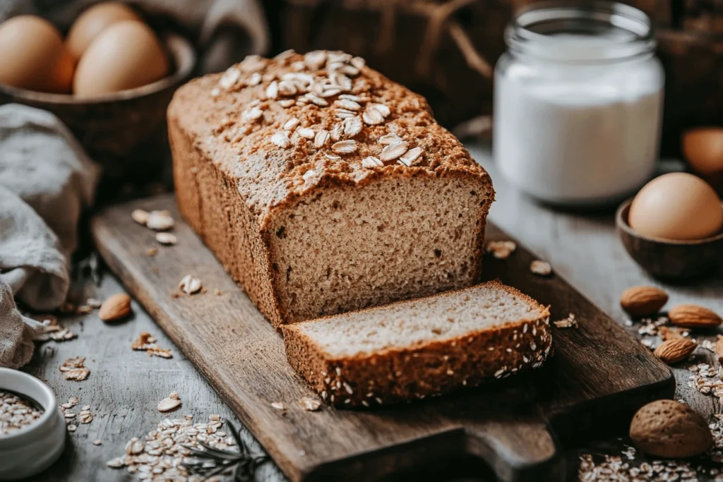 Freshly baked protein bread with golden crust and sliced interior