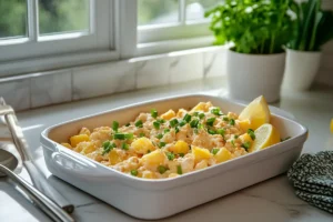 Completed Pineapple Casserole in a serving dish with garnishes, on a white granite countertop with natural light.