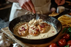 A chef stirring creamy pasta sauce with seared chicken and fresh pasta in a skillet