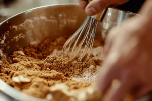 Mixing protein bread batter in a bowl with almond flour and eggs