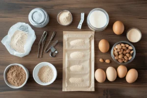 Ingredients for protein bread recipe, including almond flour, protein powder, and eggs