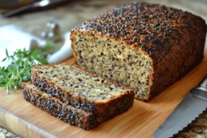 Baked protein bread loaf next to seeds and nuts for recipe variations