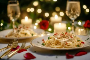 A romantic table setup with two plates of Marry Me Chicken Pasta and lit candles.