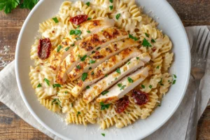 Top-down view of Marry Me Chicken Pasta with creamy sauce, chicken slices, sundried tomatoes, and fresh parsley garnish