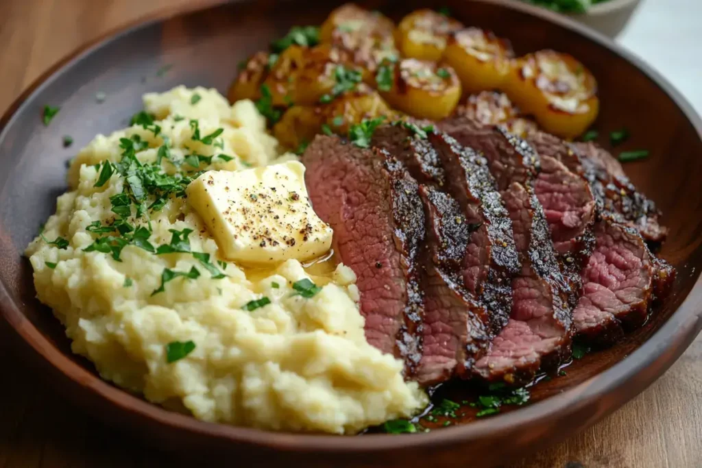 Corned beef with roasted turnips and mashed cauliflower, a healthy potato substitute for low-carb diets