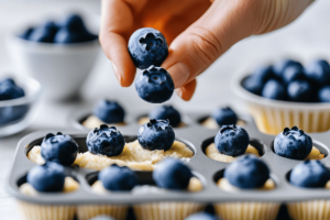 Sprinkling fresh blueberries into muffin batter in a muffin tin.