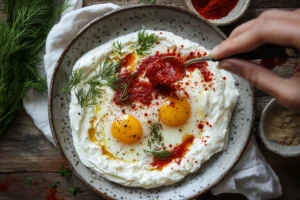 Assembling Turkish eggs (Çılbır) with yogurt, poached eggs, and chili butter