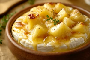 Baked brie with caramelized pineapple, a decadent cheese and pineapple pairing.