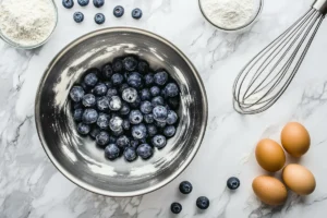 Overhead view of blueberry muffin batter being prepared in a mixing bowl with fresh blueberries and ingredients