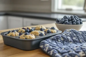 Side view of blueberry muffin batter in a muffin tin with fresh blueberries, ready to bake.