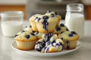 Freshly baked blueberry protein muffins on a simple wooden table, perfect for a healthy snack or breakfast