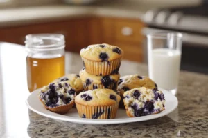 Stack of freshly baked blueberry protein muffins served on a plate with honey and milk