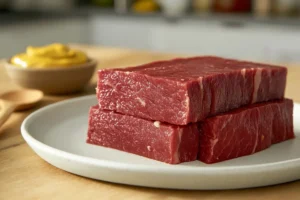 Freshly opened can of corned beef on a white plate, ready to eat without cooking, with a blurred kitchen background